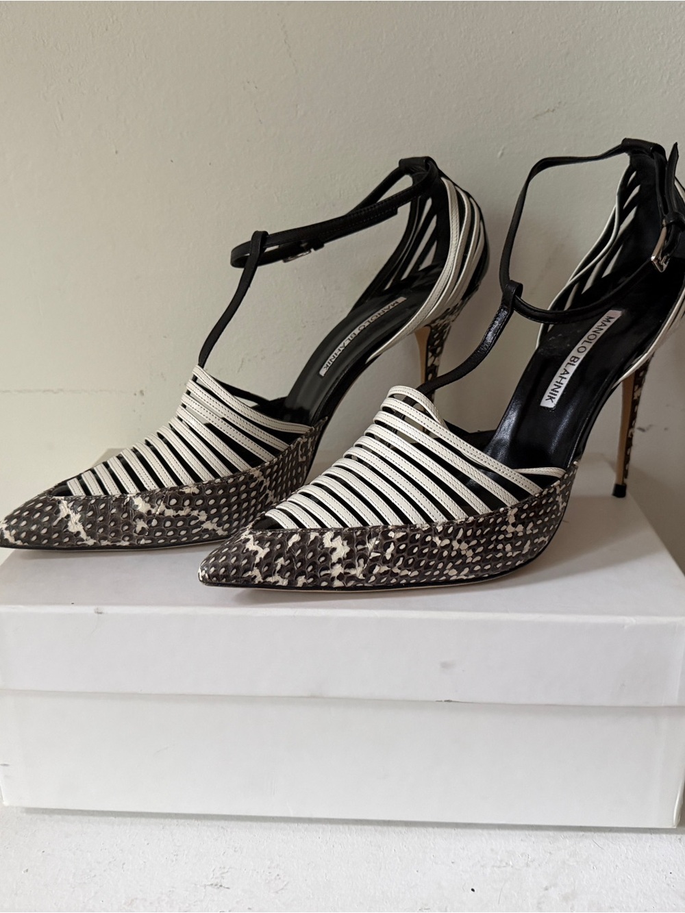 Manolo Blahnik Black & White Striped Pointed-Toe Snake Slingback Pumps